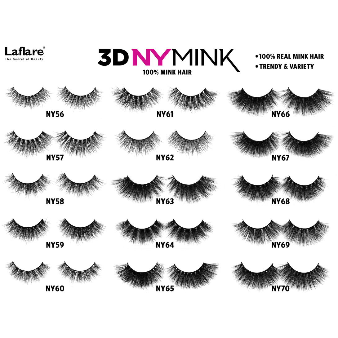 LAFLARE 3D mink lashes NY46 display showing multiple mink eyelash styles for dramatic volume and length