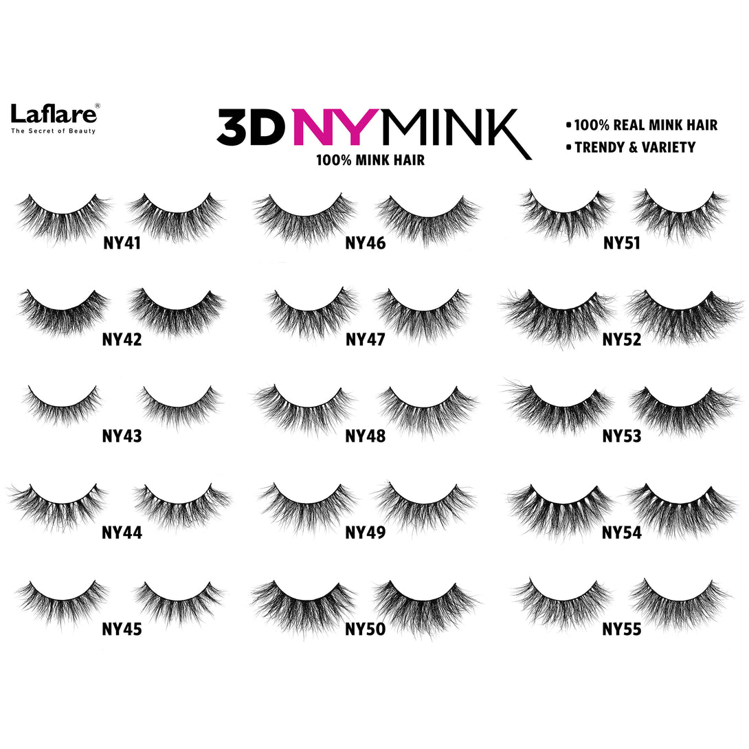 LAFLARE 3D mink lashes NY47 natural voluminous style shown on white lash chart with other NY styles
