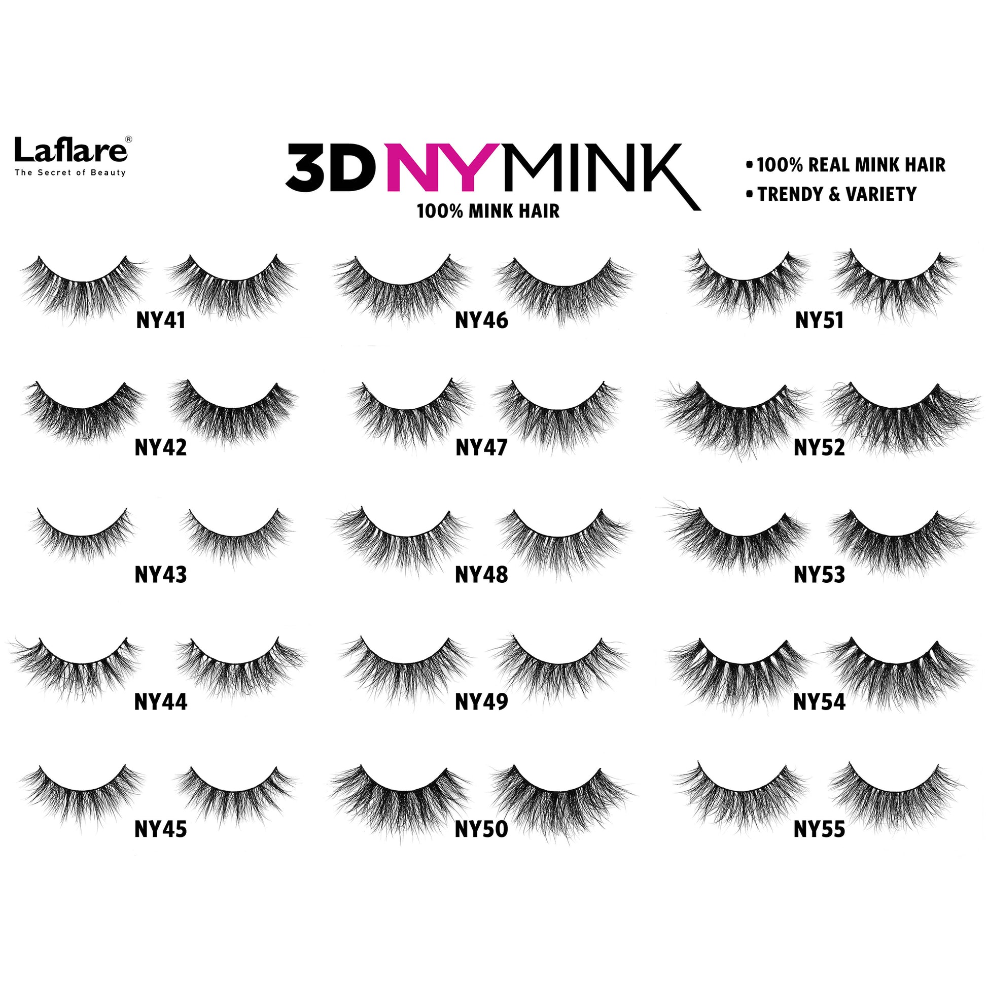 LAFLARE makeup display of assorted 3D NY mink lashes styles on white background 3D mink lashes NY58