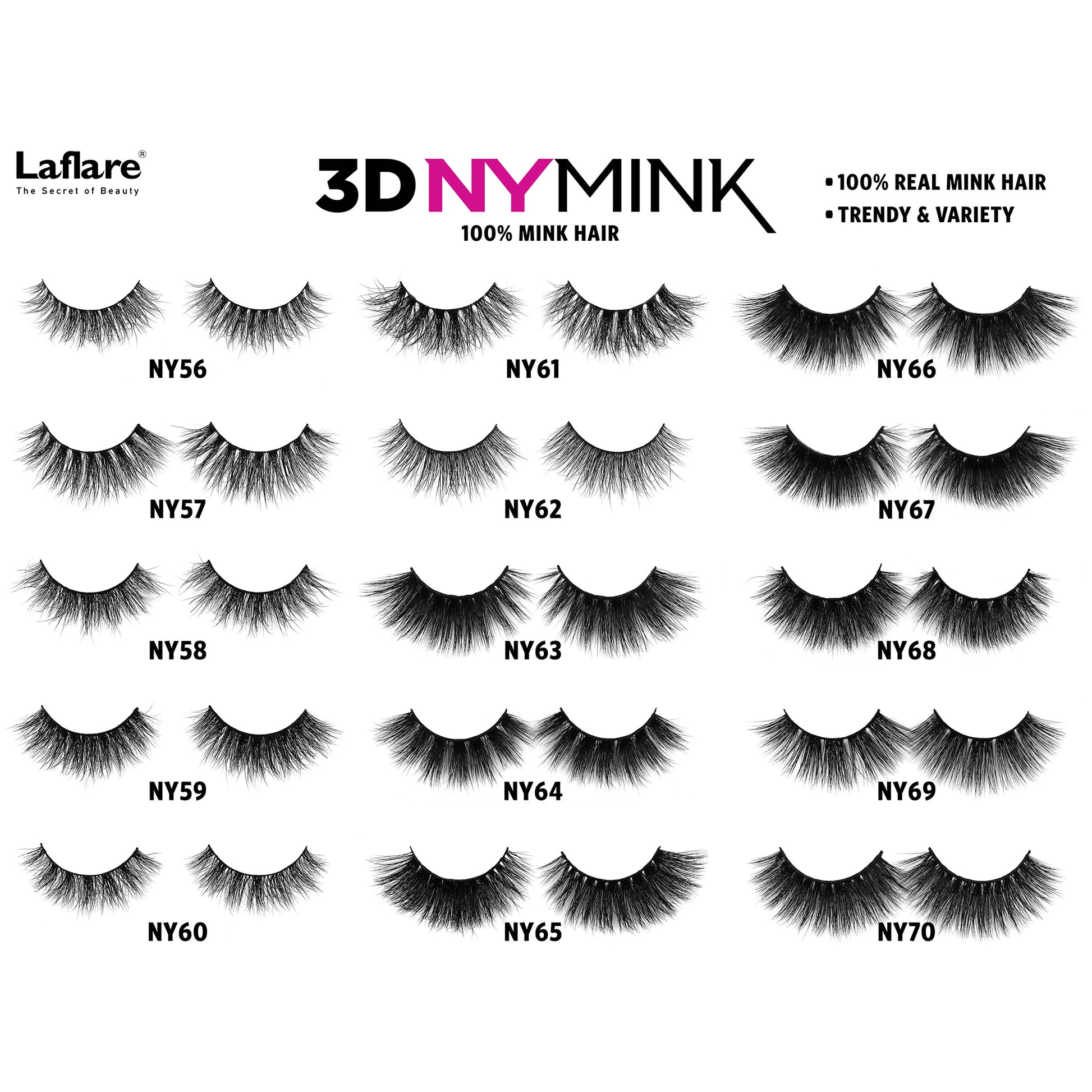 LAFLARE 3D mink lashes NY65 shown in black lash sample grid with labeled styles and 100 percent mink hair