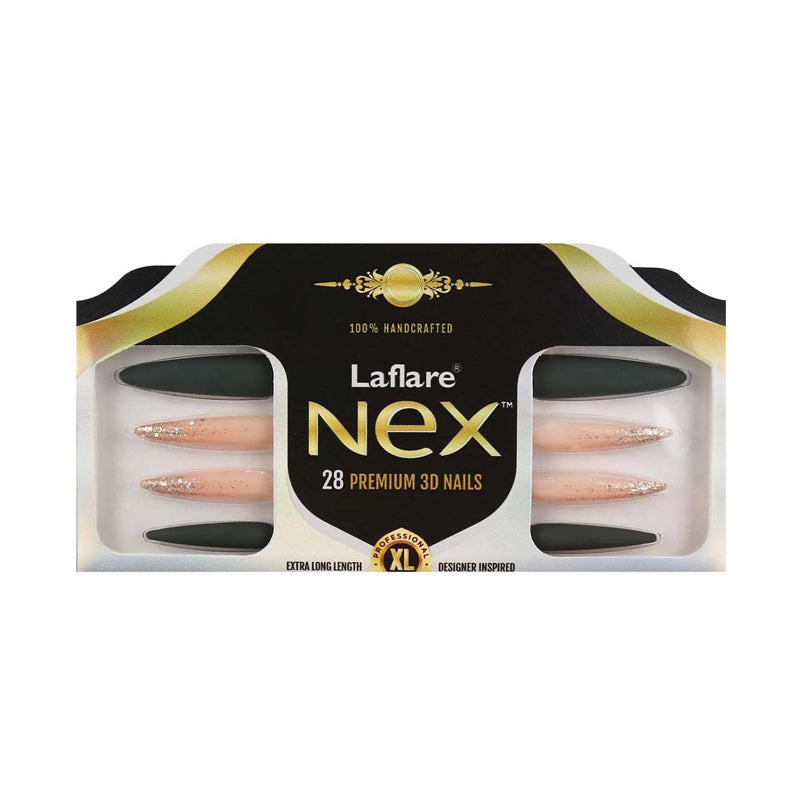 Laflare Nex 28 premium 3D nails package showing nude pink and glitter tips extra long stiletto nail tips