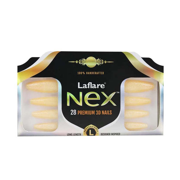 LAFLARE Nex 28 piece premium gold glitter long coffin press on nails set in clear retail box