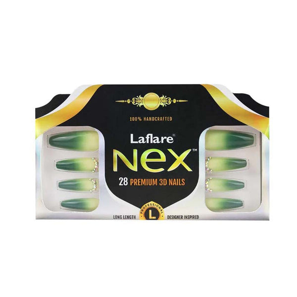 LAFLARE Nex long coffin nail tips green ombre with rhinestone accents 28 premium 3D nails