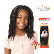 OUTRE Lil Looks kids box braid hair extensions styled on young girl with colorful thread accents