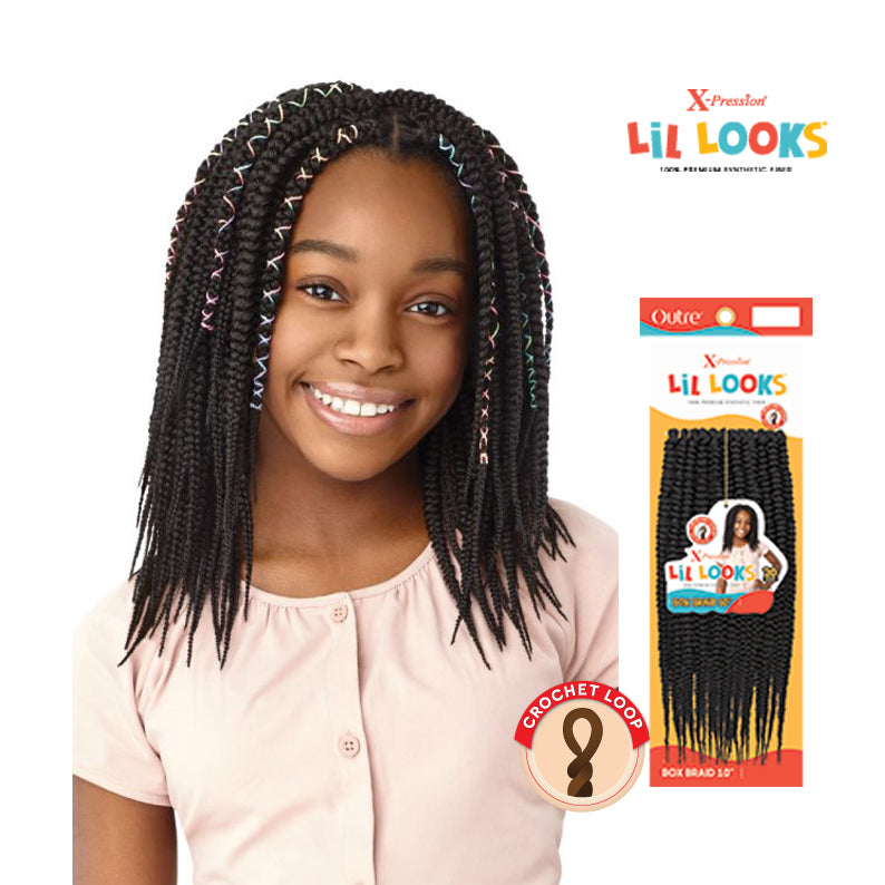 OUTRE Lil Looks kids box braid hair extensions styled on young girl with colorful thread accents