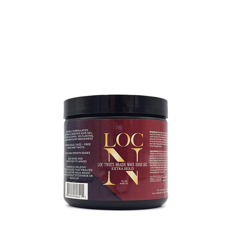 LOCN extra hold loc gel in maroon jar with black lid for twists braids and edge control