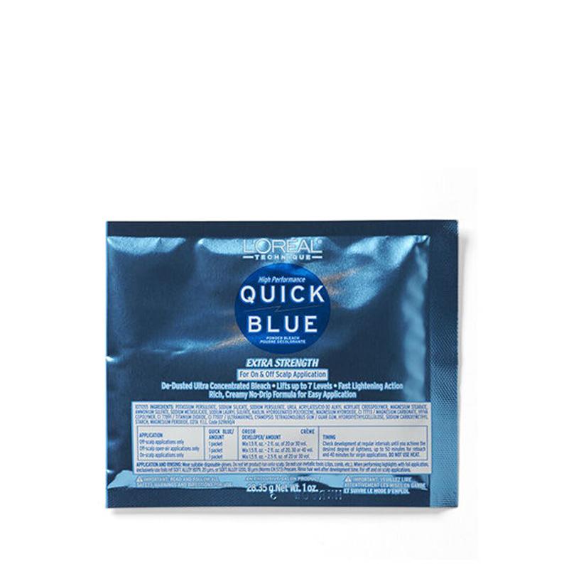 L'Oreal Quick Blue Powder Bleach sachet in metallic blue packaging for extra strength hair bleaching