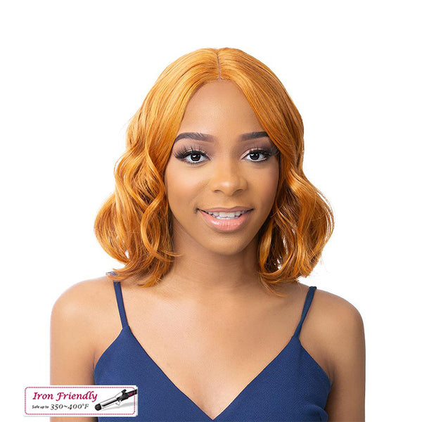 Woman wearing HD lace front wig Lulu in copper short wavy bob with middle part and natural hairline