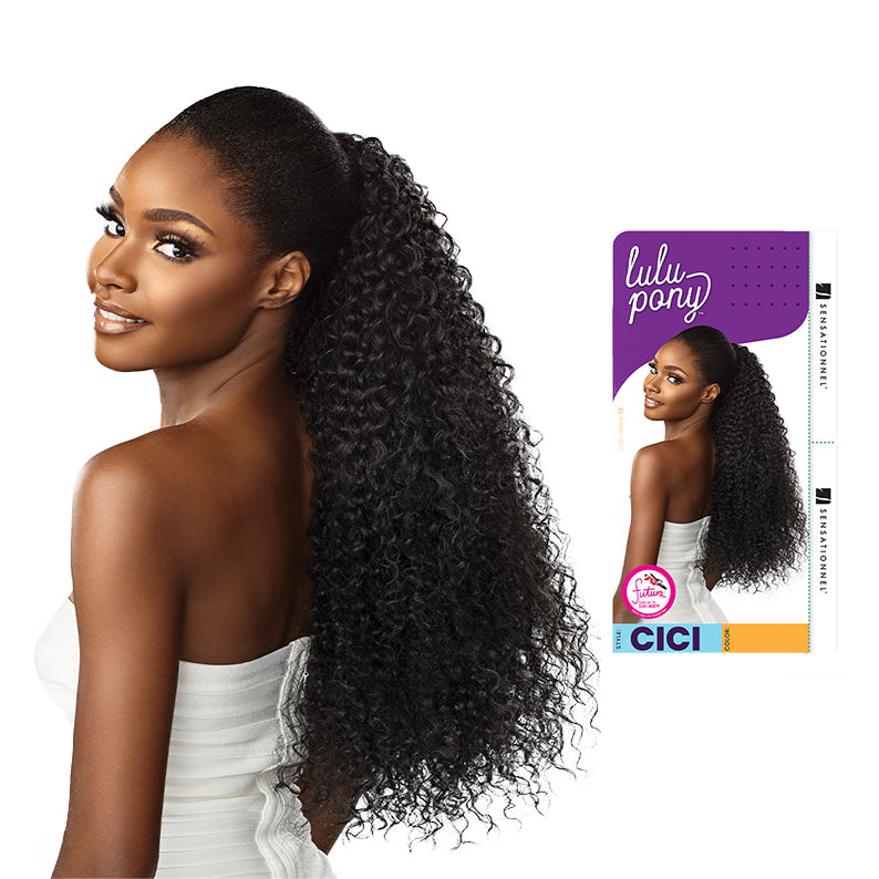 SENSATIONNEL long natural black curly ponytail hair extension shown on model with voluminous textured curls