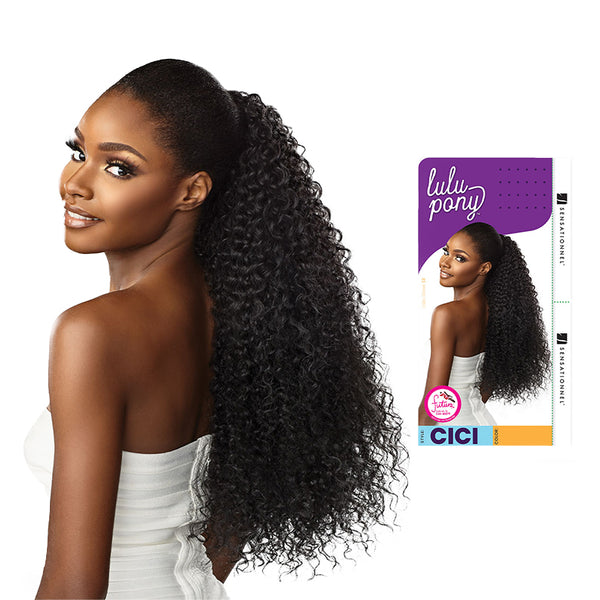 SENSATIONNEL long natural black curly ponytail hair extension shown on model with voluminous textured curls
