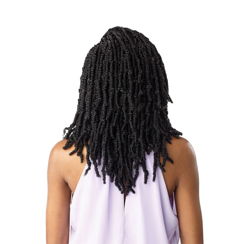 Back view of woman with Lulutress 3X Afro Twist hair braids in black wearing a lavender top