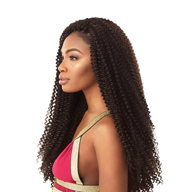 SENSATIONNEL Lulutress Cork Screw braid 18 inch worn by woman with long curly black hair