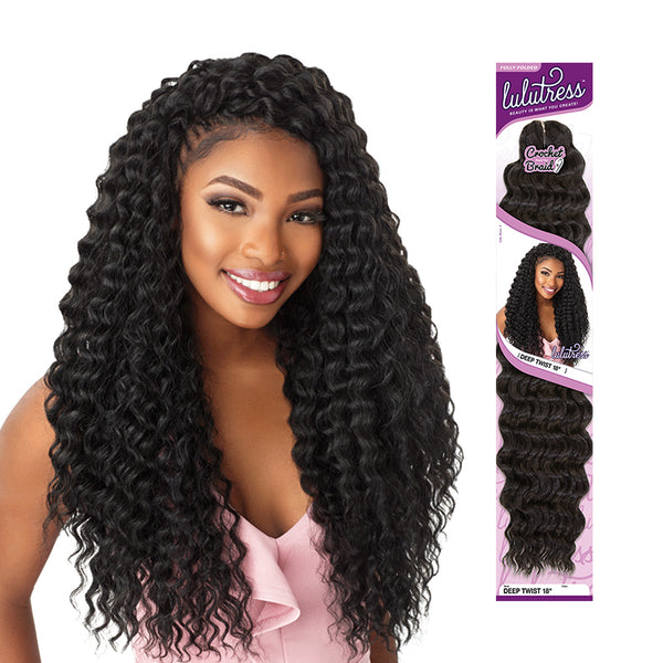 Lulutress Deep Twist braid 18 inch by Sensationnel shown on woman with long deep twist curls