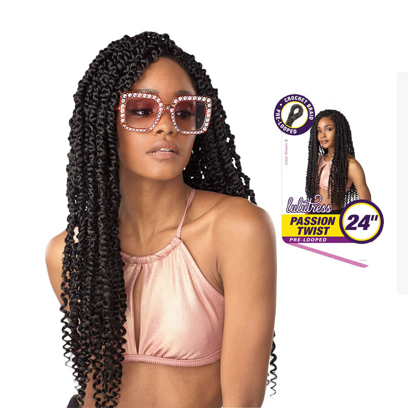 Model wearing long black Lulutress Passion Twist hair braids 24 inch by SENSATIONNEL in beachy twists