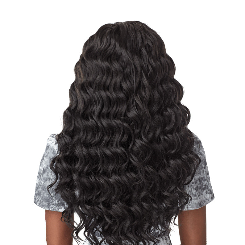 Sensationnel ocean wave crochet braids with long, dark, wavy synthetic hair texture