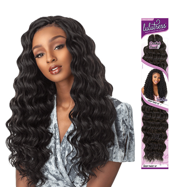 Sensationnel ocean wave crochet braids in deep twist style shown on model and packaging