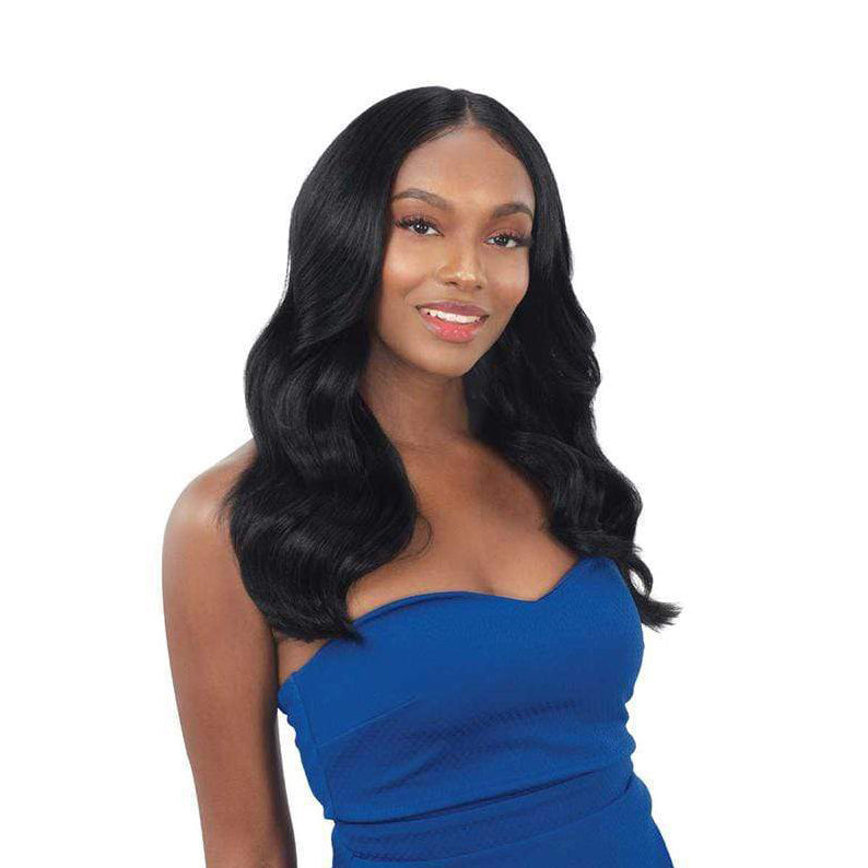 SHAKE N GO HD lace front wig long wavy black hair on model with center part wearing blue dress
