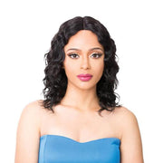 ITS A WIG human hair wet and wavy wig shoulder length middle part natural black on model