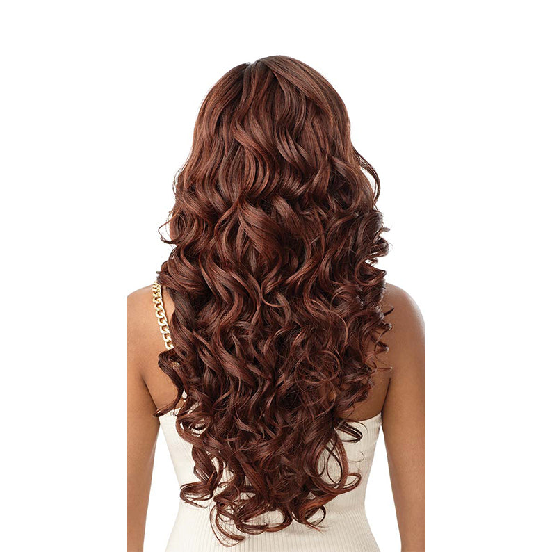 OUTRE 13x6 lace frontal wig synthetic long chestnut brown deep waves back view on model