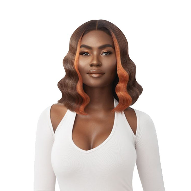 OUTRE lace front synthetic wig wavy shoulder length bob with middle part dark brown and copper highlights
