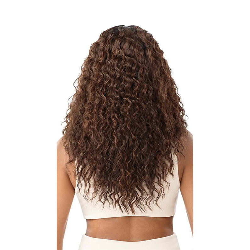 OUTRE melted hairline lace front wig long brown wavy curls back view on model in white crop top