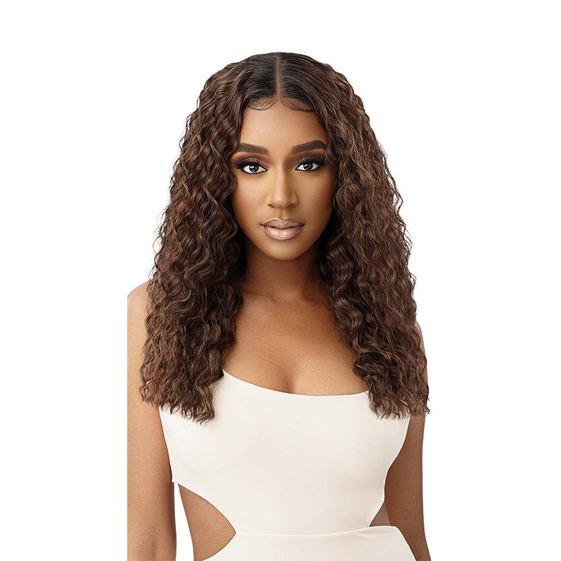 OUTRE melted hairline lace front wig medium brown deep wave center part on model