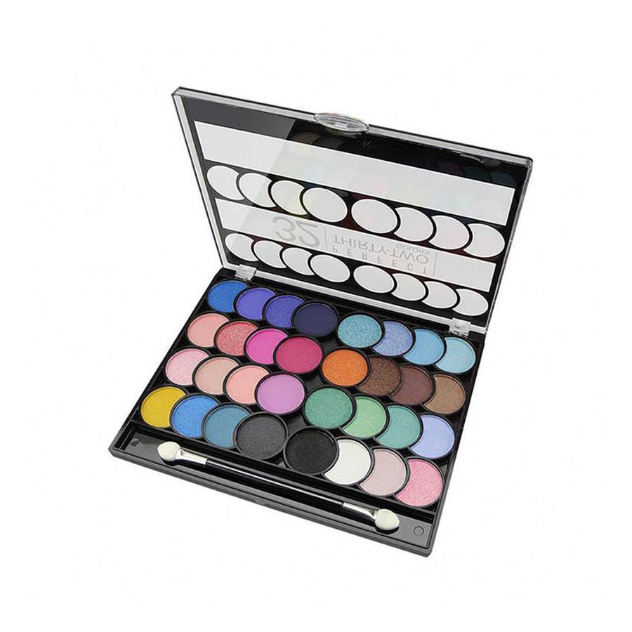 NICKA K 32 color eyeshadow palette with vibrant shades and dual applicator brush in black case
