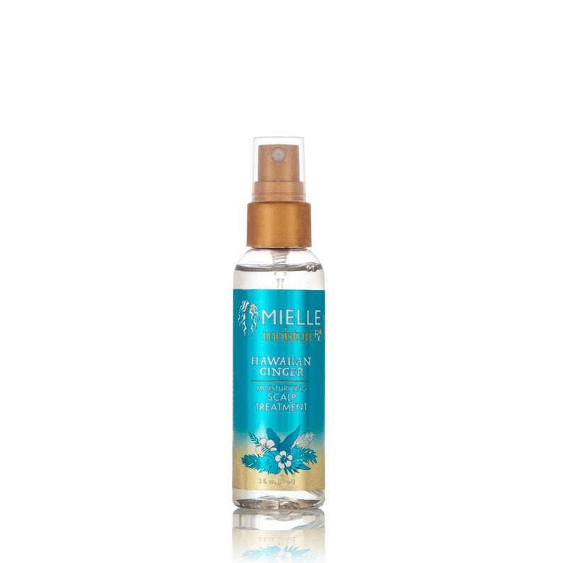 MIELLE Hawaiian ginger scalp treatment spray bottle with blue and gold label for moisturizing scalp
