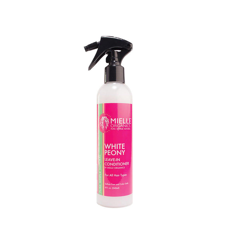 MIELLE white peony leave-in conditioner spray bottle with pink label and pump spray for all hair types