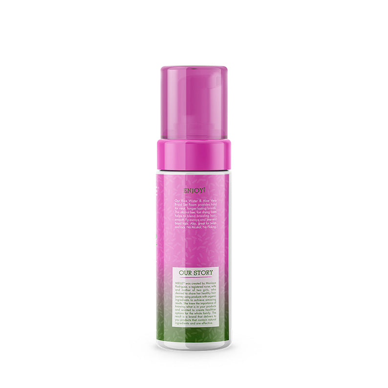 MIELLE rice water braid foam pink and green bottle on white background for braid styling