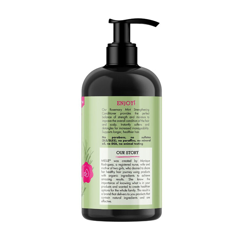 MIELLE rosemary mint strengthening conditioner black pump bottle showing green back label with product details