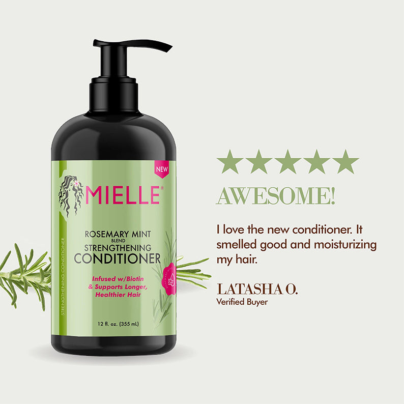 MIELLE rosemary mint strengthening conditioner pump bottle with green label rosemary sprig and five star review