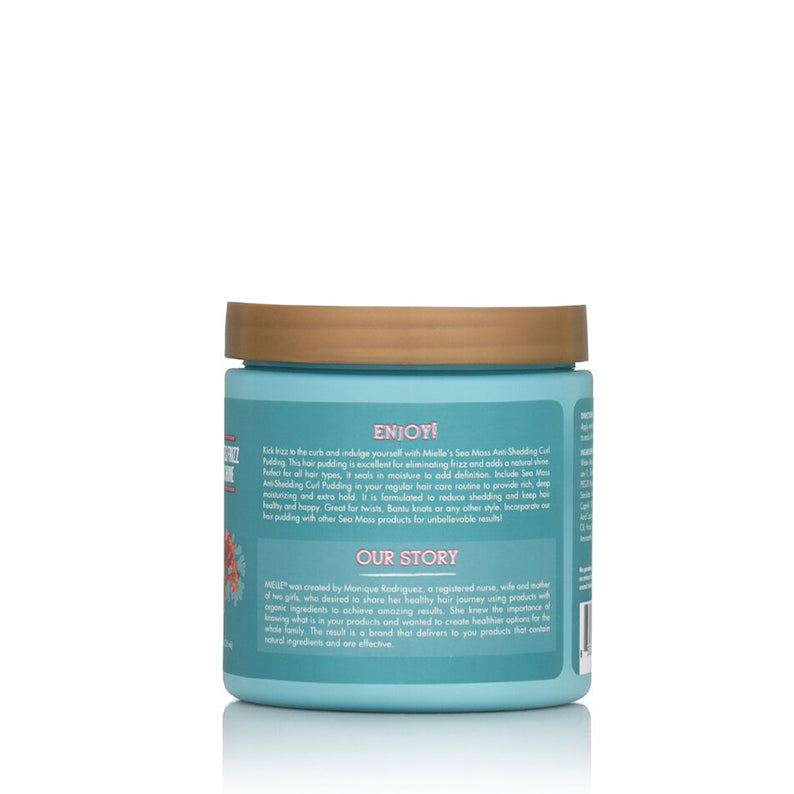 MIELLE sea moss curl pudding turquoise jar with gold lid showing back label hair care product
