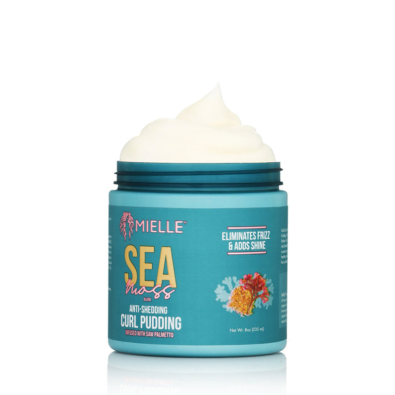 MIELLE sea moss curl pudding teal jar of anti shedding styling cream for frizz control