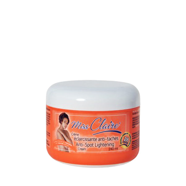 MISS CLAIRE anti-spot brightening cream in orange jar with white lid for skin care and spot lightening