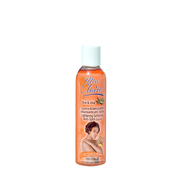 Miss Claire anti-spot glycerin for skin lightening softening olive and aloe formula in orange bottle with white cap