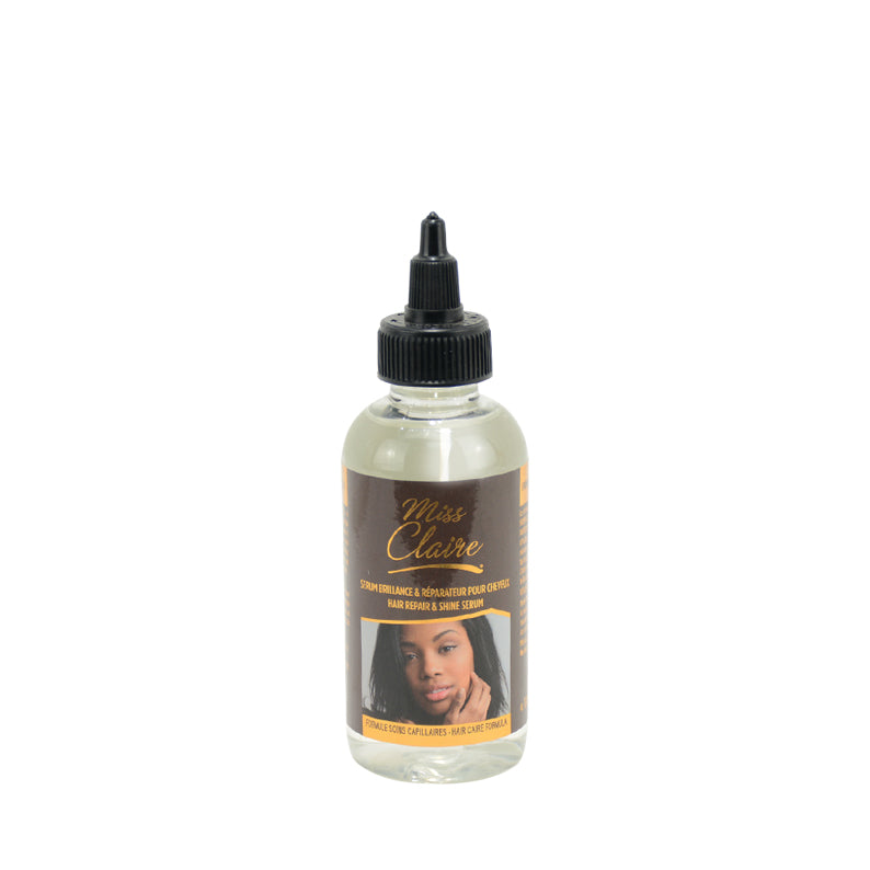 Miss Claire hair repair and shine serum clear plastic bottle with black nozzle applicator and label photo