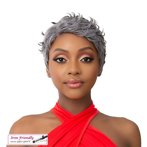 IT'S A WIG premium synthetic wig in short gray style modeled by woman wearing red top