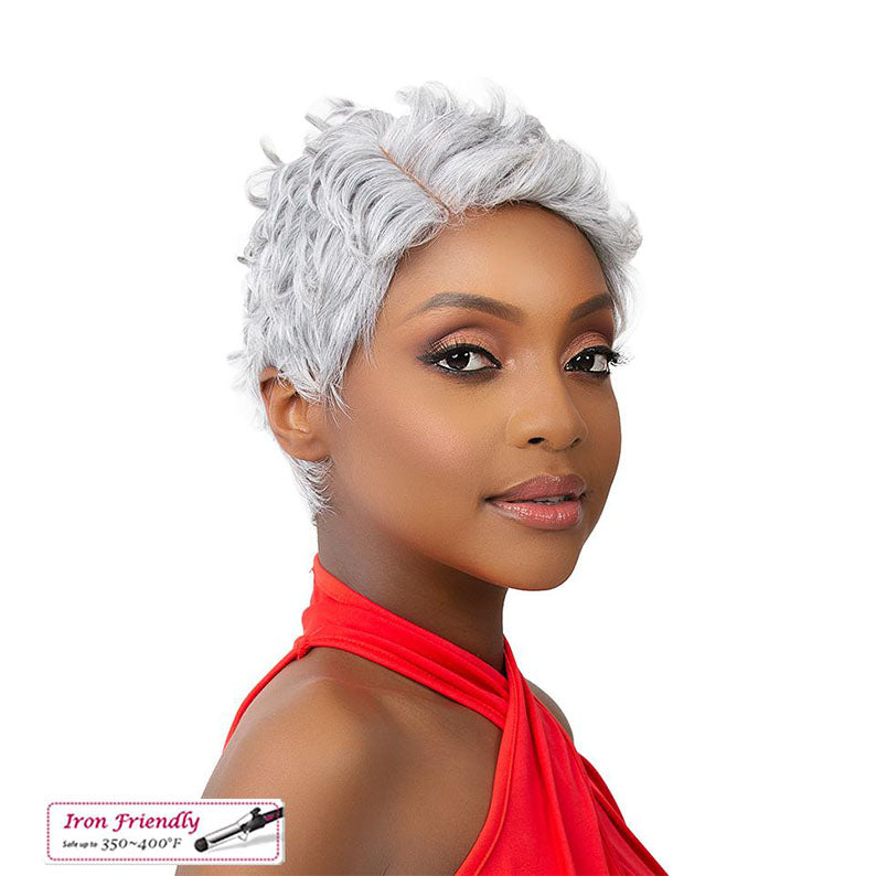 Woman wearing a silver short curly premium synthetic wig by IT'S A WIG with iron friendly heat resistance