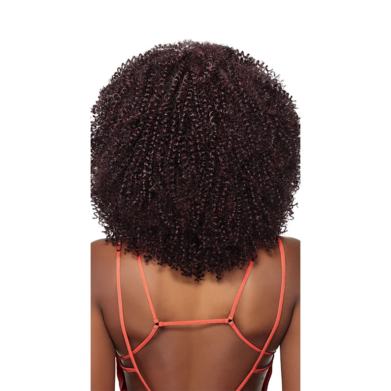 OUTRE braid with tight, curly texture in a dark burgundy shade shown from the back on a model