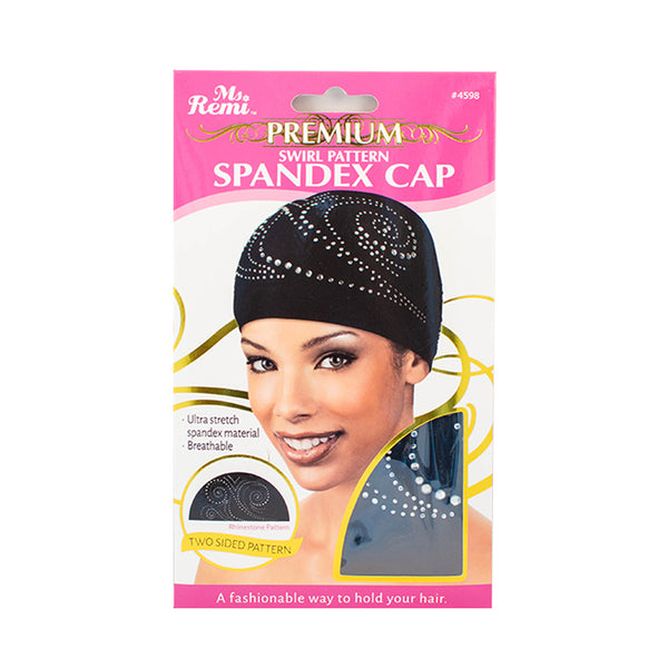 ANNIE swirling waves rhinestone spandex cap black stretch hair cap with decorative rhinestone swirl on model