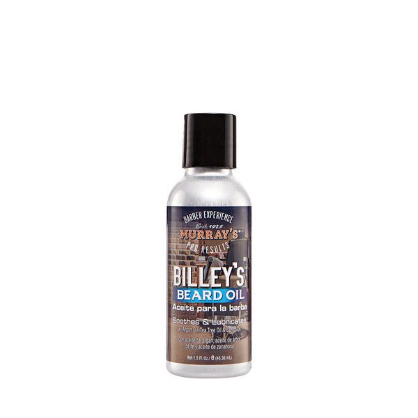 Murray's Billiey's beard oil in clear bottle with black cap and vintage label for soothing and softening beards