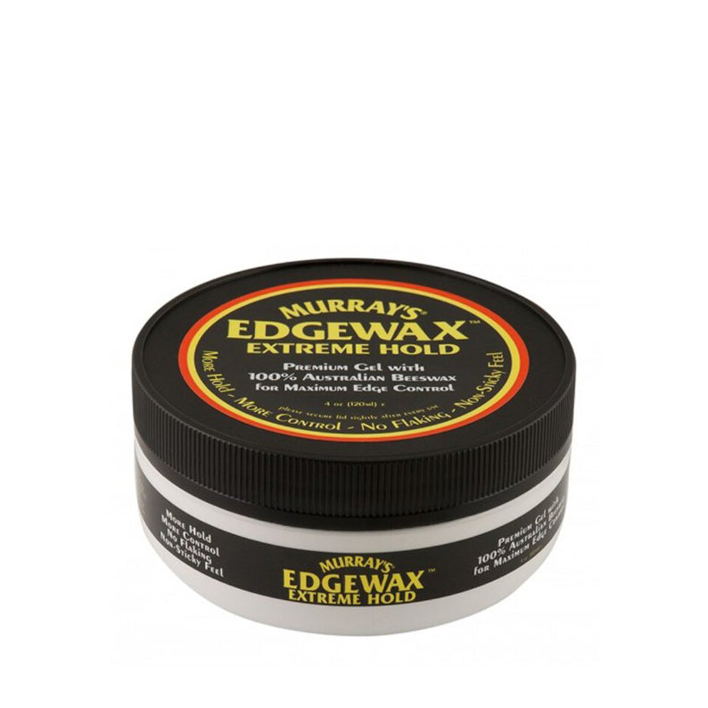 Murray's Edgewax Extreme Hold round jar with black lid and white base hair care edge control gel