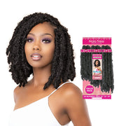 JANET butterfly locs crochet hair braid in natural black shown on model with curly textured bob style