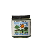 Glass jar of Nature's Blessings hair pomade with black lid and tropical label showing sun palms