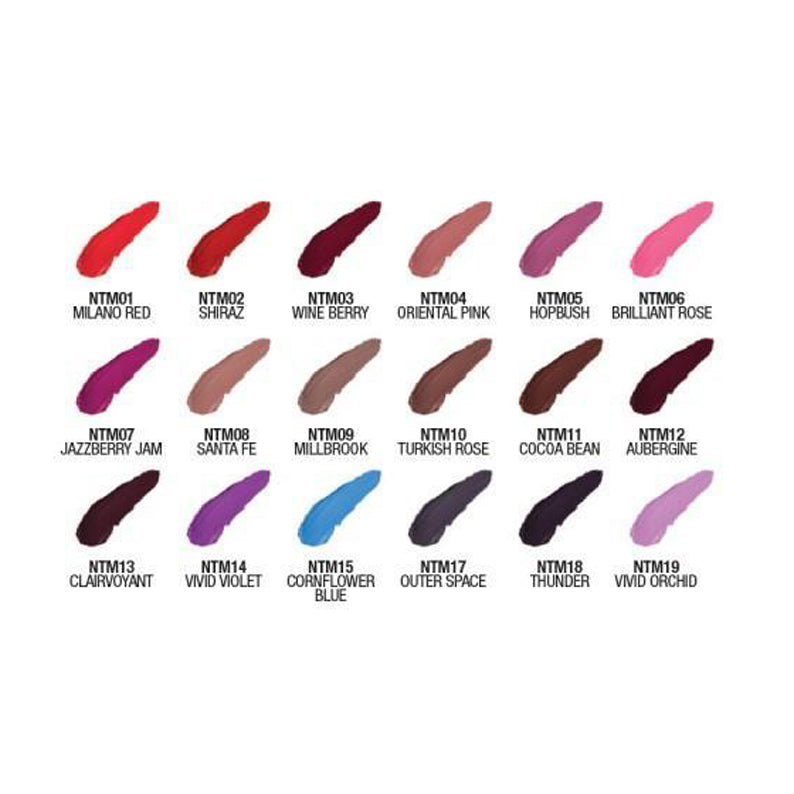 NICKA K true matte lipstick color swatches including Milano Red, Shiraz, Wine Berry, and more shades