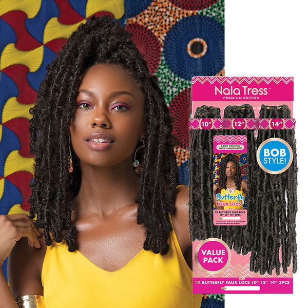 JANET butterfly faux locs hair extensions in bob style with 10, 12, and 14 inch lengths displayed by model