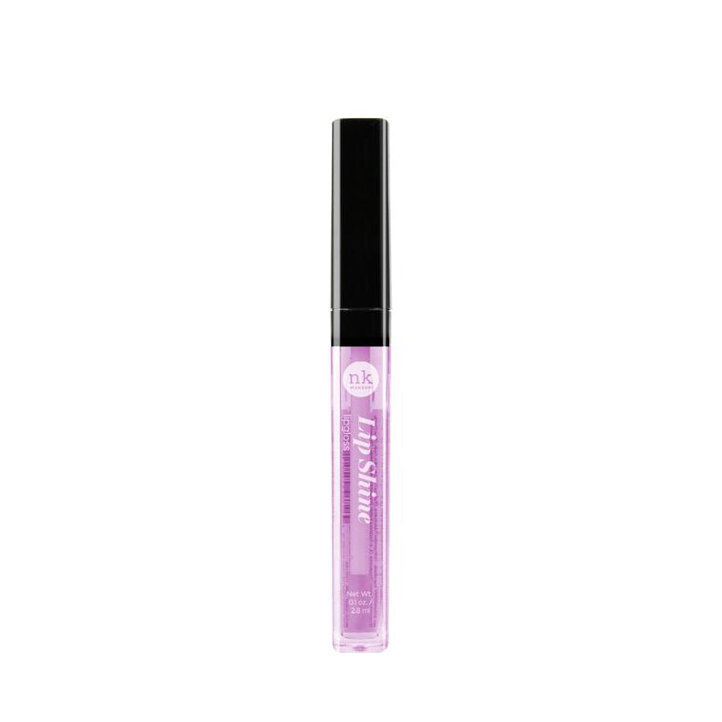 NICKA K hydrating lip shine gloss in a clear tube with black cap and light purple tint