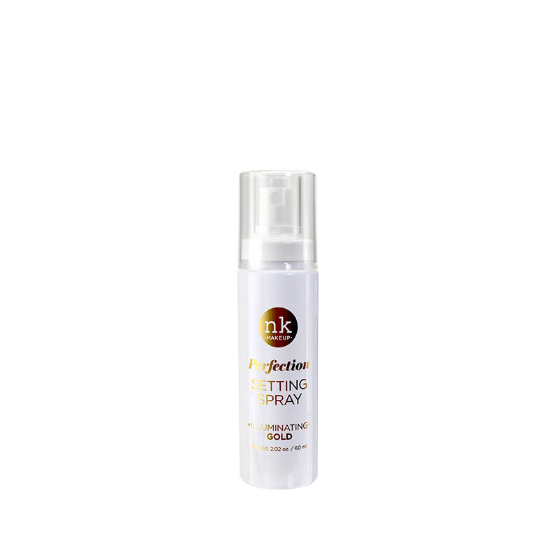 NICKA K Perfection Illuminating Gold long-lasting makeup setting spray in white travel size bottle