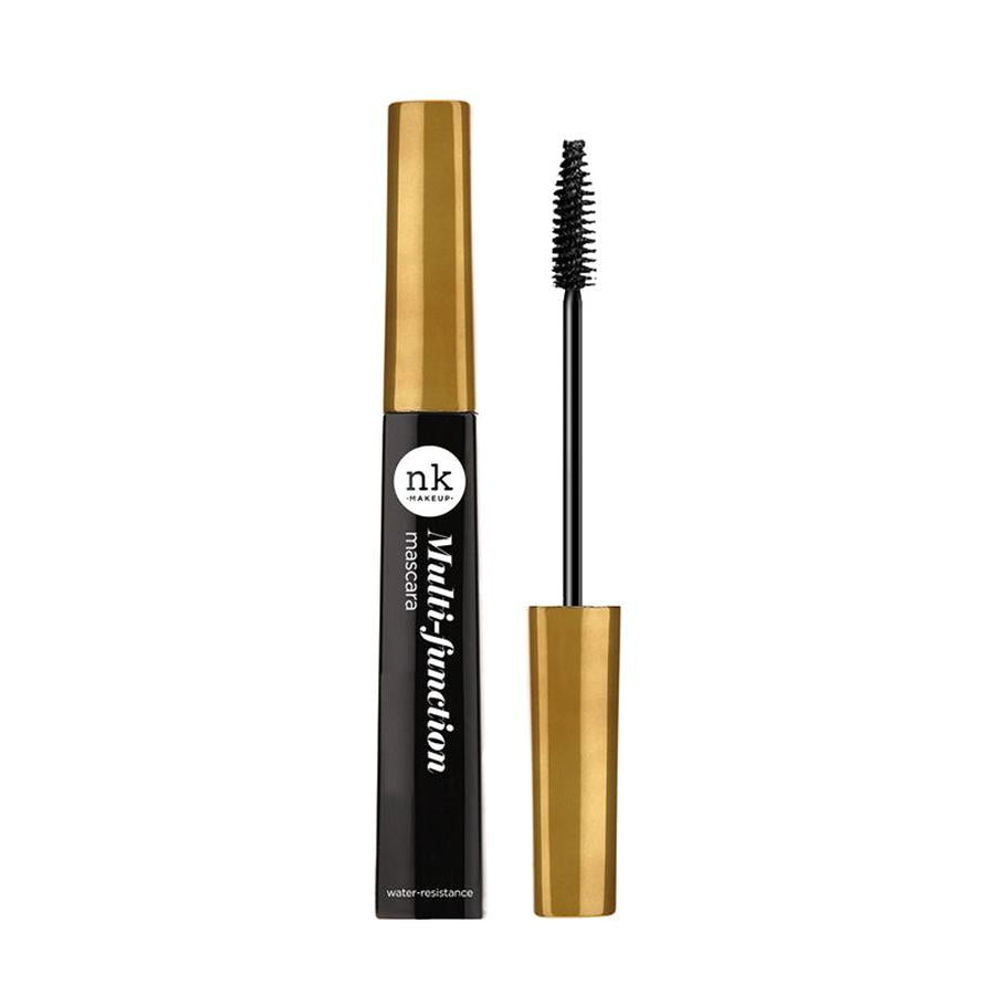 NICKA K multi function mascara with gold cap and black tube featuring a brush applicator